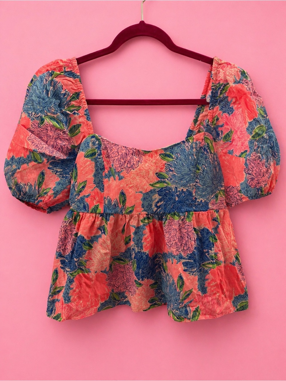 Lilly Pulitzer Coral and Blue Floral Puff-Sleeve Peplum Top